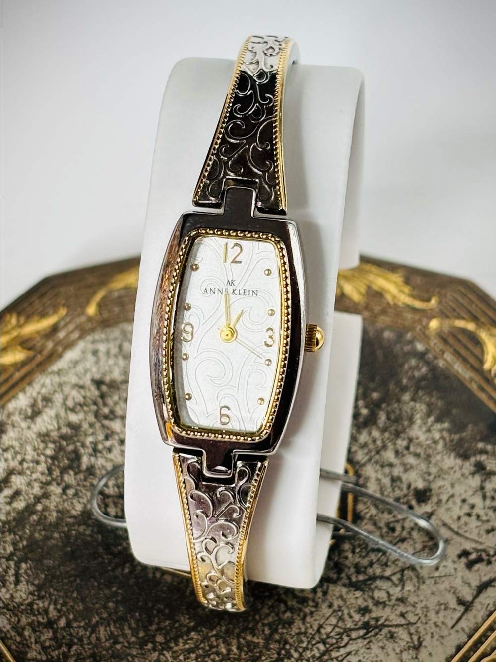 Anne Klein Bracelet Watch in Silver and Gold Scroll Face and Band